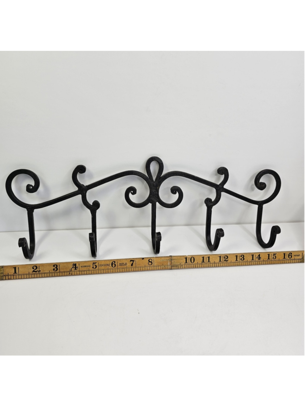 Vintage Black Wrought Iron Wall Hook Rack 5 Hooks Scroll Coat Hat Key Towel 16in